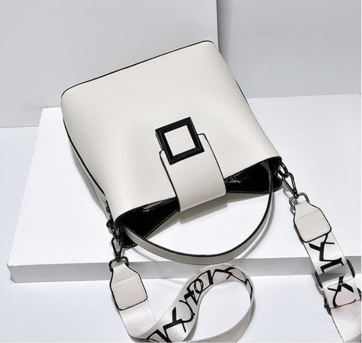 Womens Bucket Bag Adjustable Shoulder Strap Fashion Handbag with Square Buckle